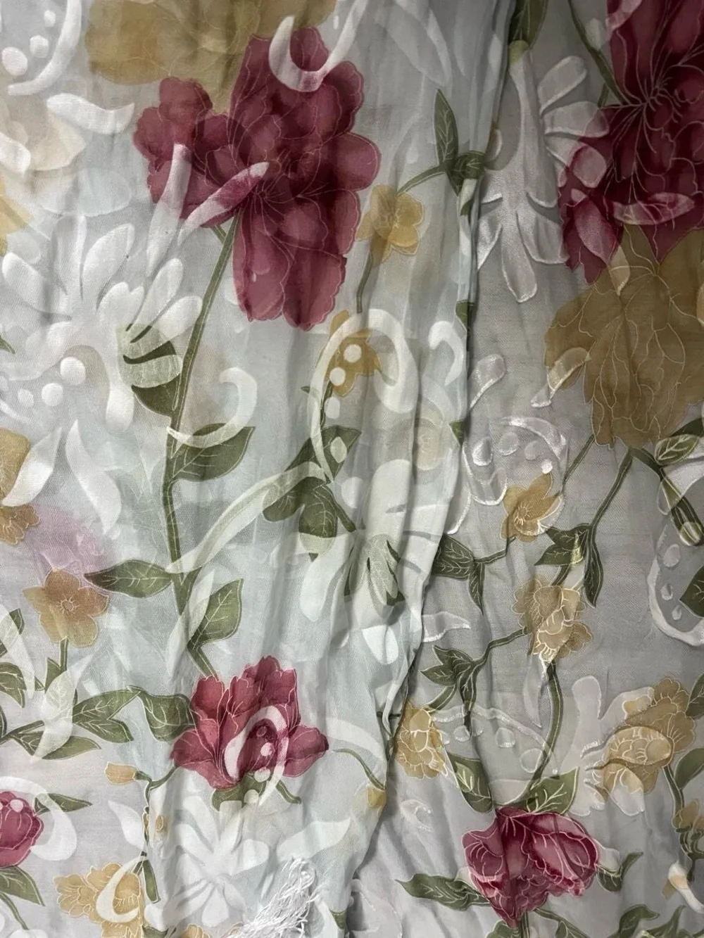 Floral Fringe Scarf in Sage Green and Rose